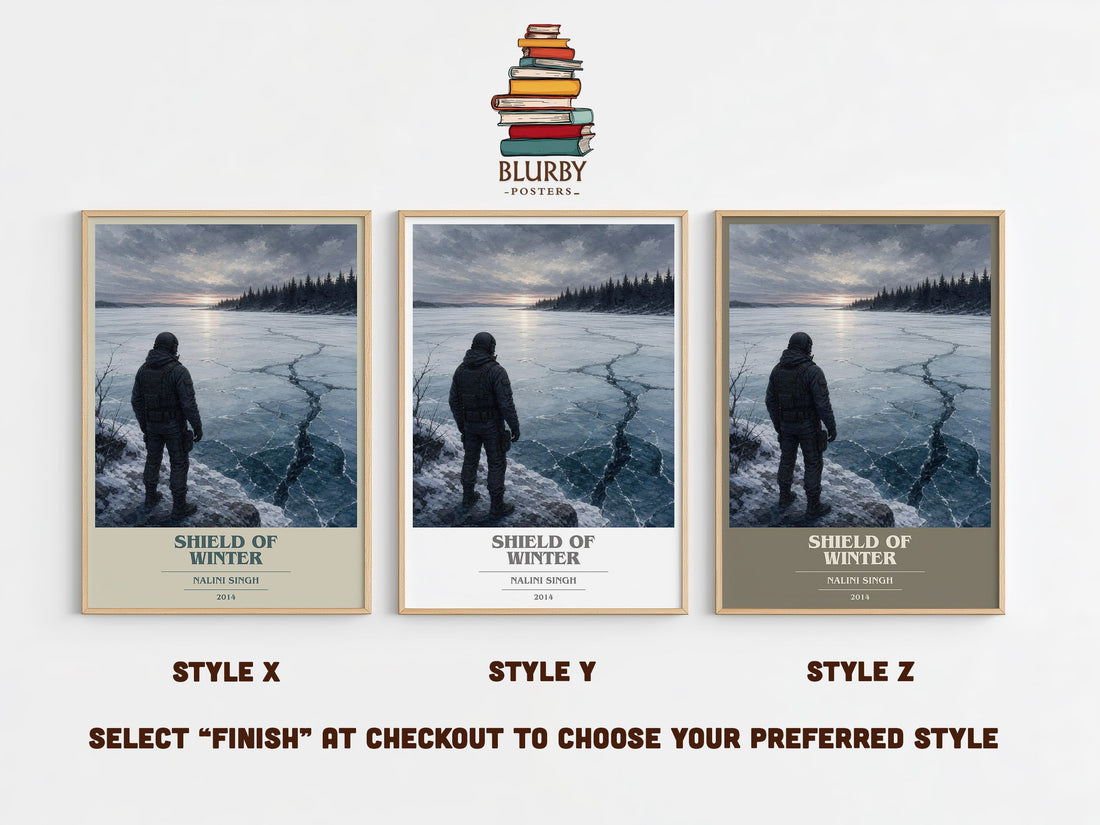 Shield of Winter book cover print in frame leaning in hallway – romance wall art (mockup)