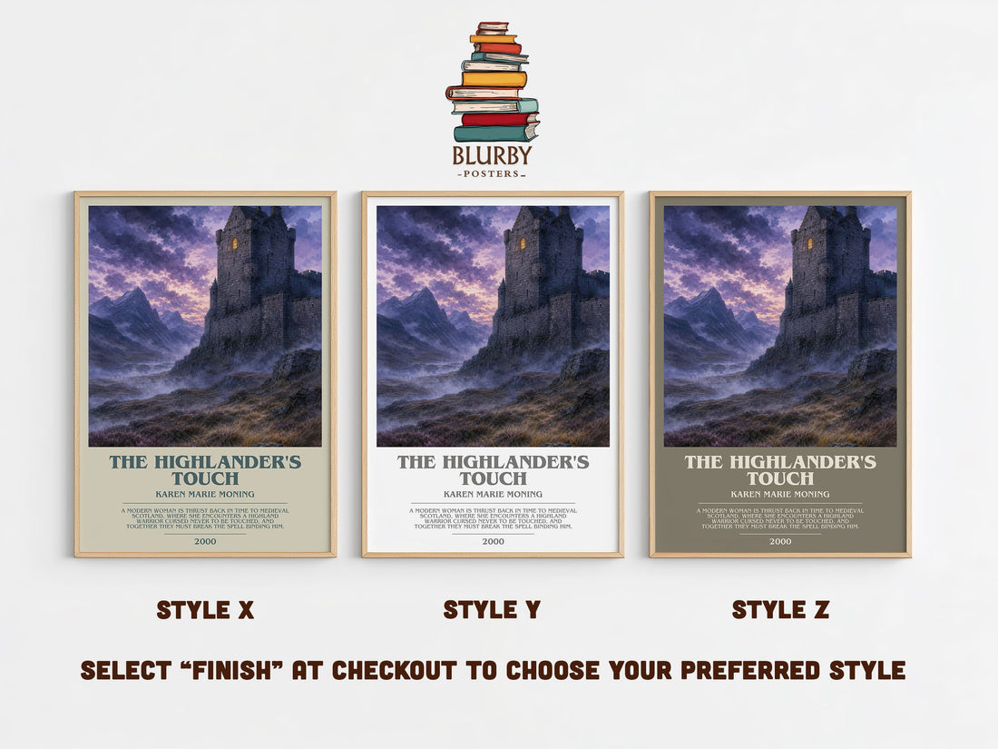 The Highlander's Touch bookish print in frame leaning in hallway – romance wall art (mockup)