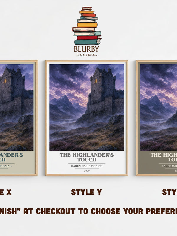 The Highlander's Touch book cover print in frame leaning in hallway – romance wall art