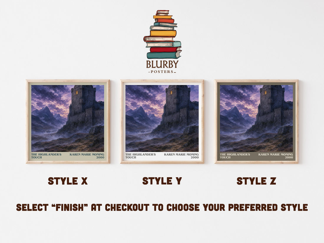 The Highlander's Touch literary print in frame leaning in hallway – romance wall art (mockup)