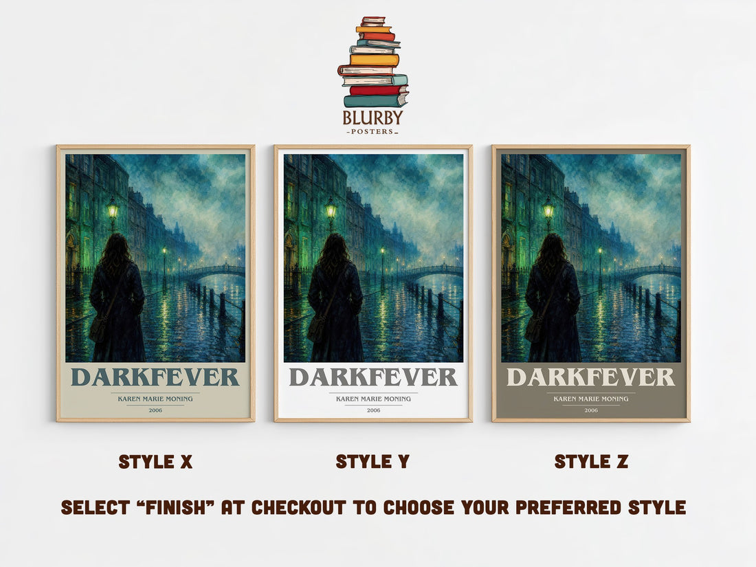 Darkfever book cover print in frame leaning in hallway – fantasy wall art (mockup)