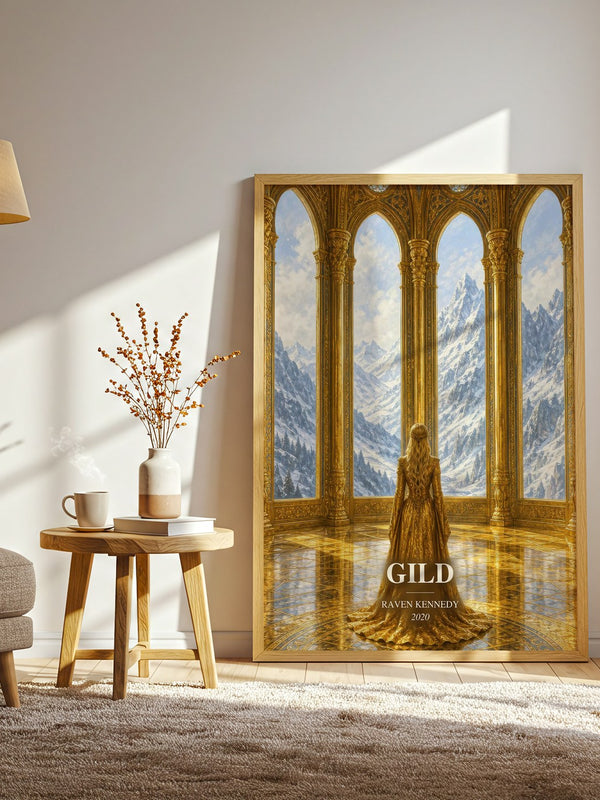Gild watercolour print in frame leaning in hallway – fantasy wall art