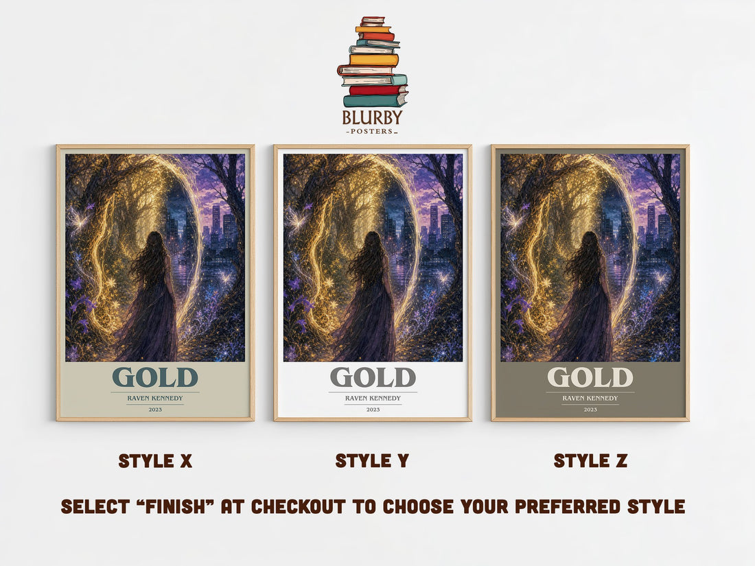 Gold book cover print in frame leaning in hallway – fantasy wall art (mockup)