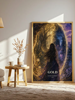 Gold watercolour print in frame leaning in hallway – fantasy wall art