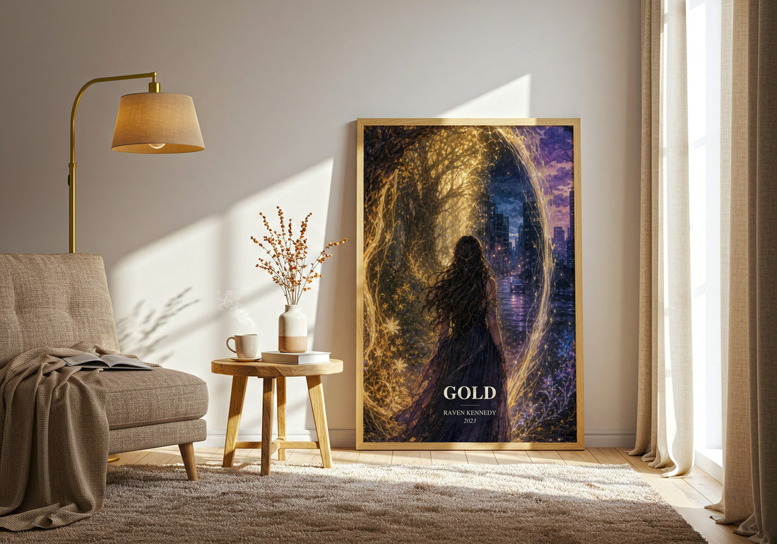 Gold watercolour print in frame leaning in hallway – fantasy wall art