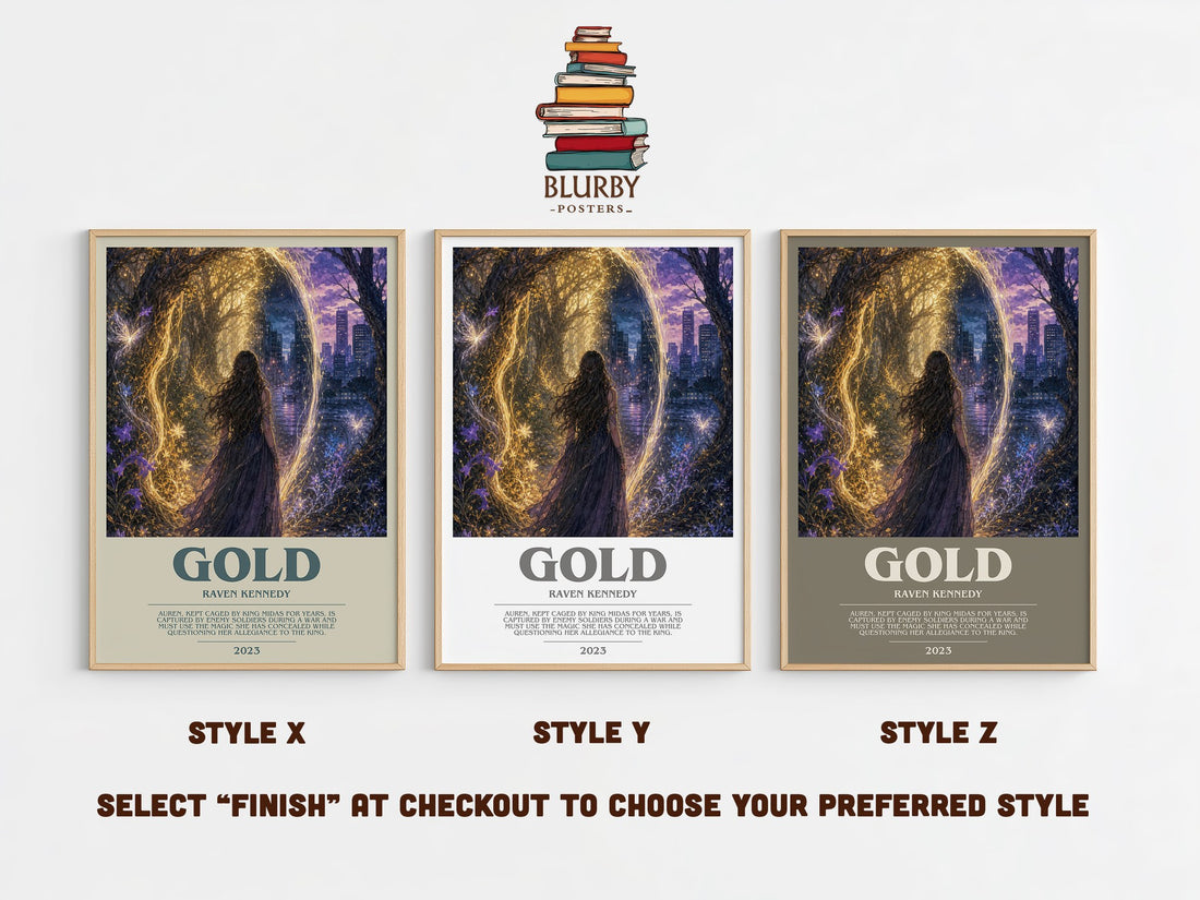 Gold bookish print in frame leaning in hallway – fantasy wall art (mockup)