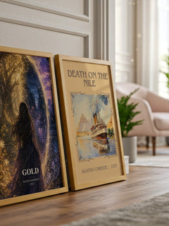 Gold watercolour print framed by window – literary home decor