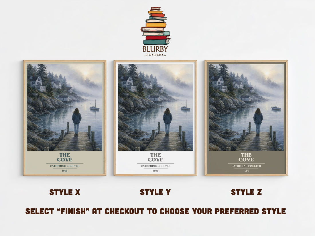 The Cove book cover print in frame leaning in hallway – thriller wall art (mockup)