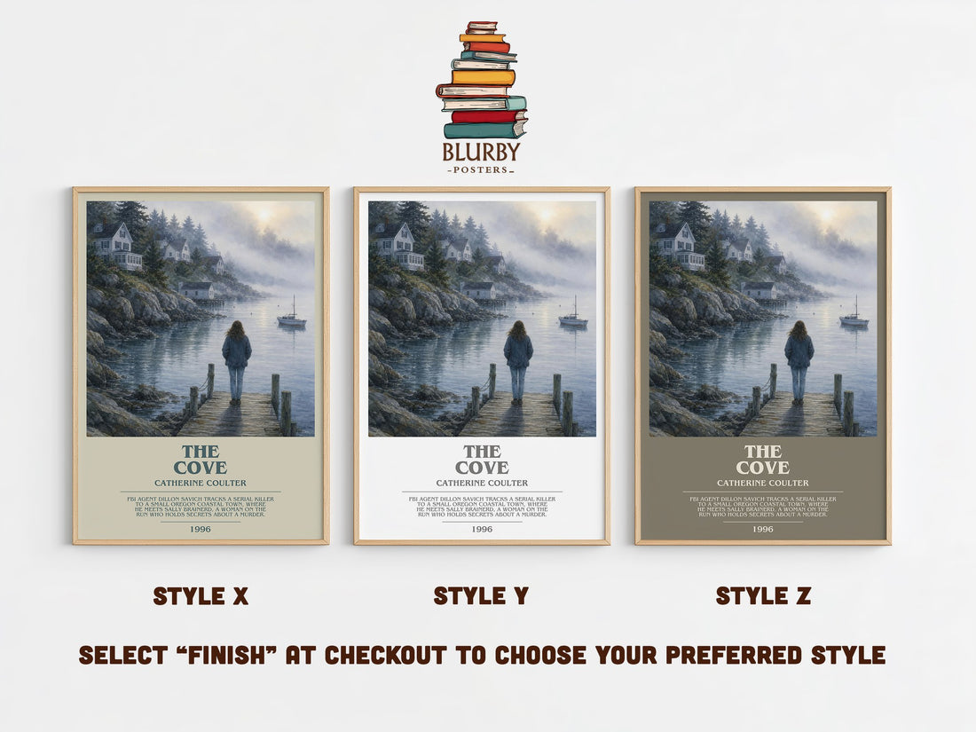 The Cove bookish print in frame leaning in hallway – thriller wall art (mockup)