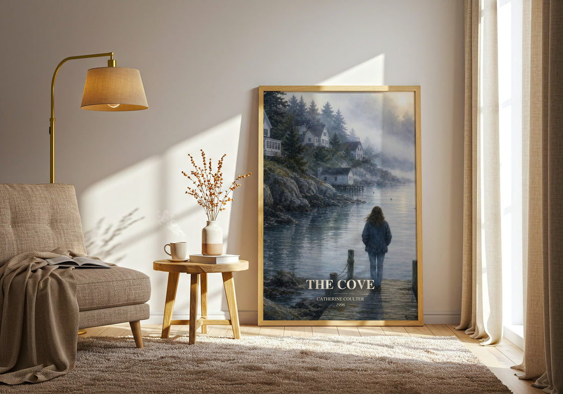 The Cove watercolour print in frame leaning in hallway – thriller wall art