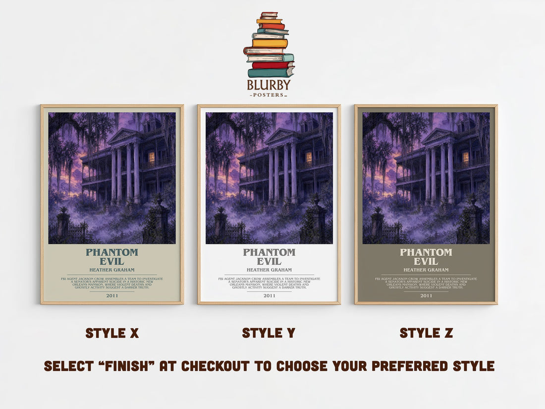 Phantom Evil bookish print in frame leaning in hallway – thriller wall art (mockup)