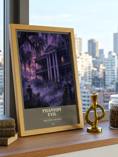Phantom Evil book cover print framed by window – literary home decor