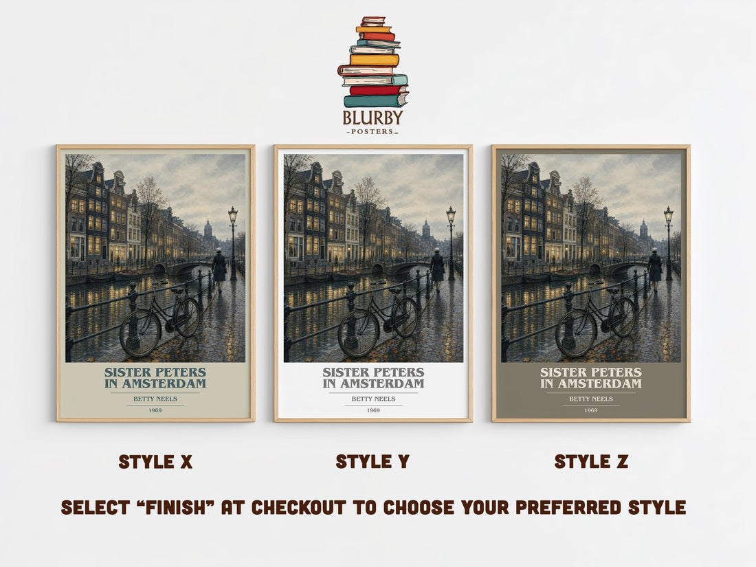 Sister Peters in Amsterdam book cover print in frame leaning in hallway – romance wall art (mockup)