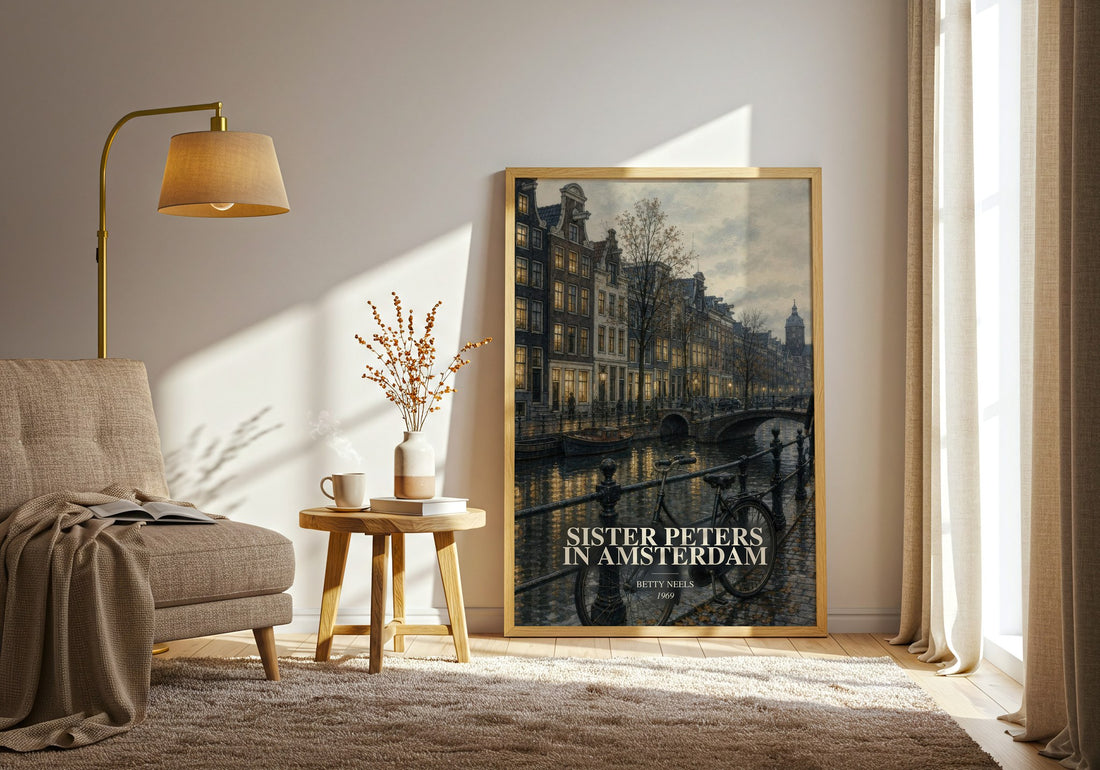 Sister Peters in Amsterdam watercolour print in frame leaning in hallway – romance wall art