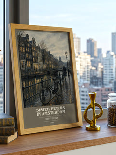 Sister Peters in Amsterdam book cover print framed by window – literary home decor