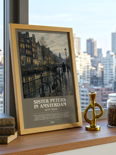 Sister Peters in Amsterdam bookish print framed by window – literary home decor