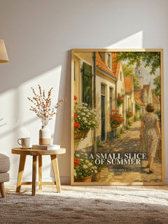 A Small Slice of Summer watercolour print in frame leaning in hallway – romance wall art