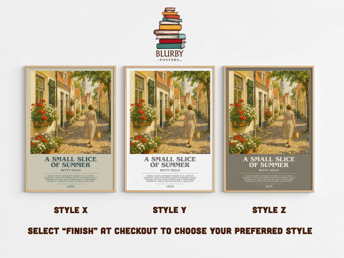 A Small Slice of Summer bookish print in frame leaning in hallway – romance wall art (mockup)