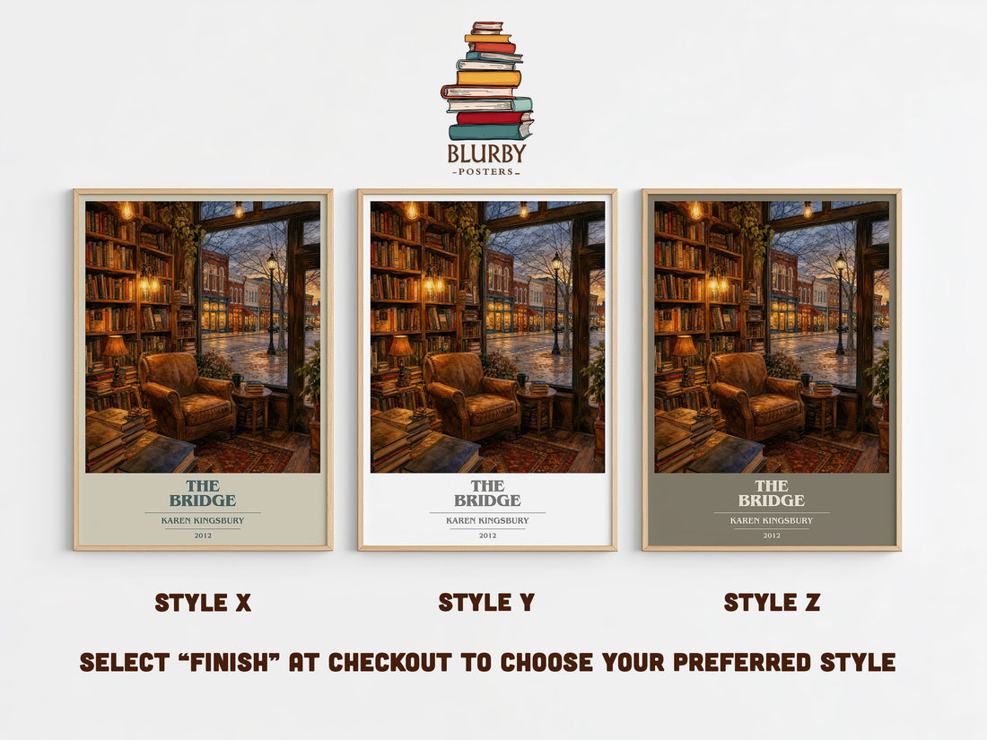 The Bridge book cover print in frame leaning in hallway – contemporary fiction wall art (mockup)