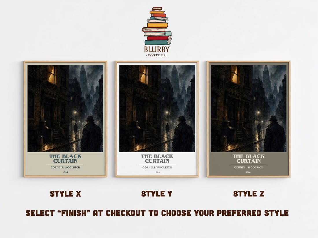 The Black Curtain book cover print in frame leaning in hallway – mystery wall art (mockup)