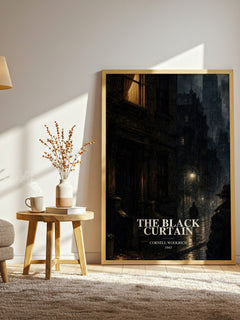 The Black Curtain watercolour print in frame leaning in hallway – mystery wall art