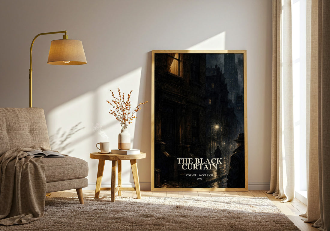 The Black Curtain watercolour print in frame leaning in hallway – mystery wall art