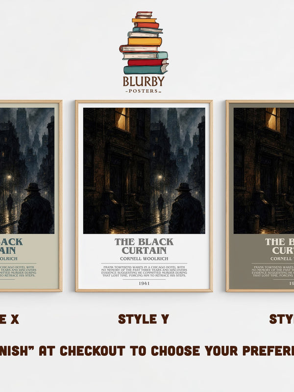 The Black Curtain bookish print in frame leaning in hallway – mystery wall art