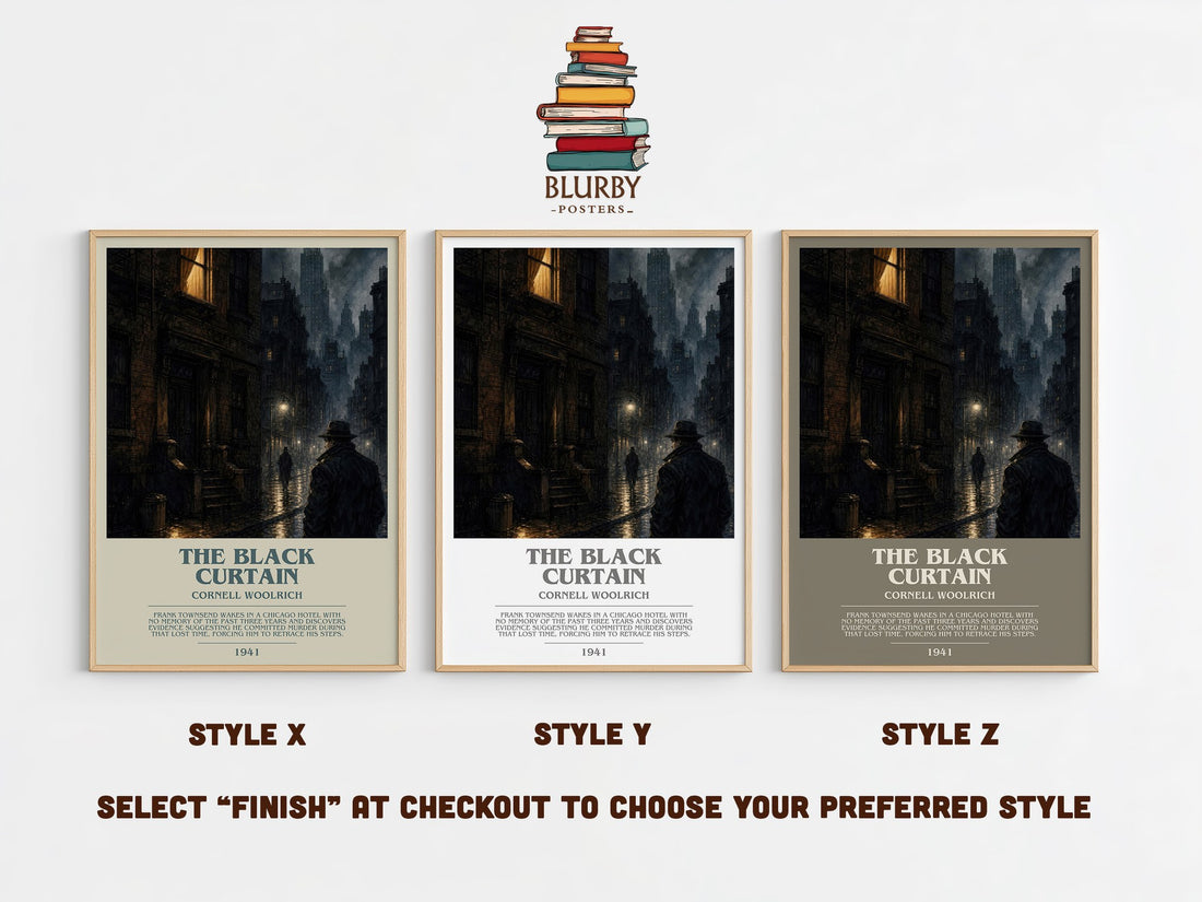The Black Curtain bookish print in frame leaning in hallway – mystery wall art (mockup)
