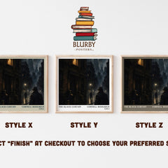 The Black Curtain literary print in frame leaning in hallway – mystery wall art