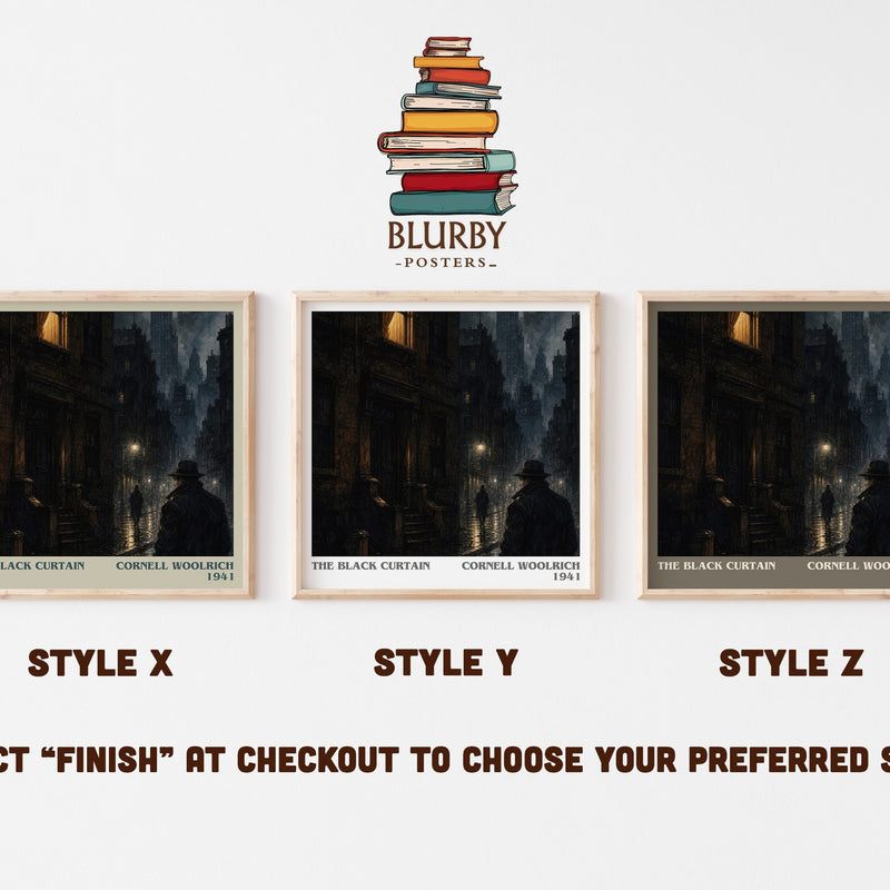 The Black Curtain literary print in frame leaning in hallway – mystery wall art