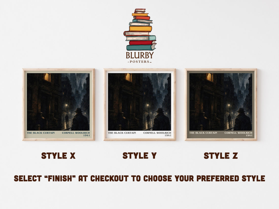 The Black Curtain literary print in frame leaning in hallway – mystery wall art (mockup)