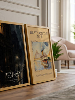 The Black Curtain watercolour print framed by window – literary home decor