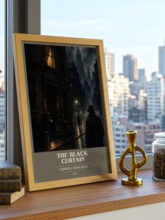 The Black Curtain book cover print framed by window – literary home decor