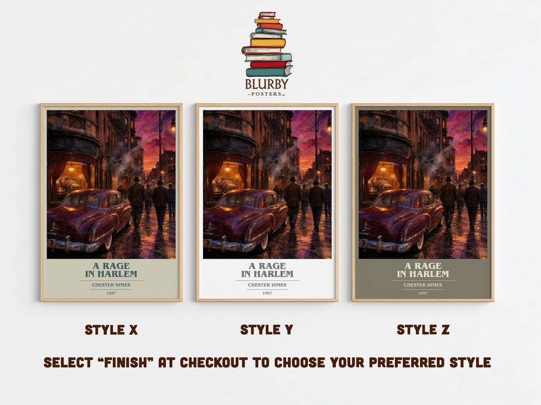 A Rage in Harlem book cover print in frame leaning in hallway – crime wall art (mockup)