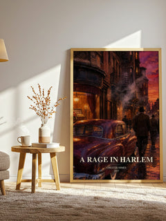 A Rage in Harlem watercolour print in frame leaning in hallway – crime wall art