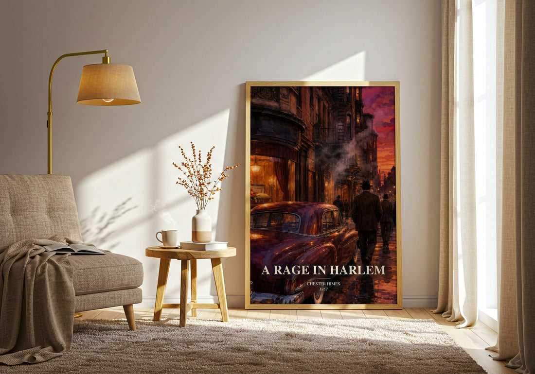 A Rage in Harlem watercolour print in frame leaning in hallway – crime wall art