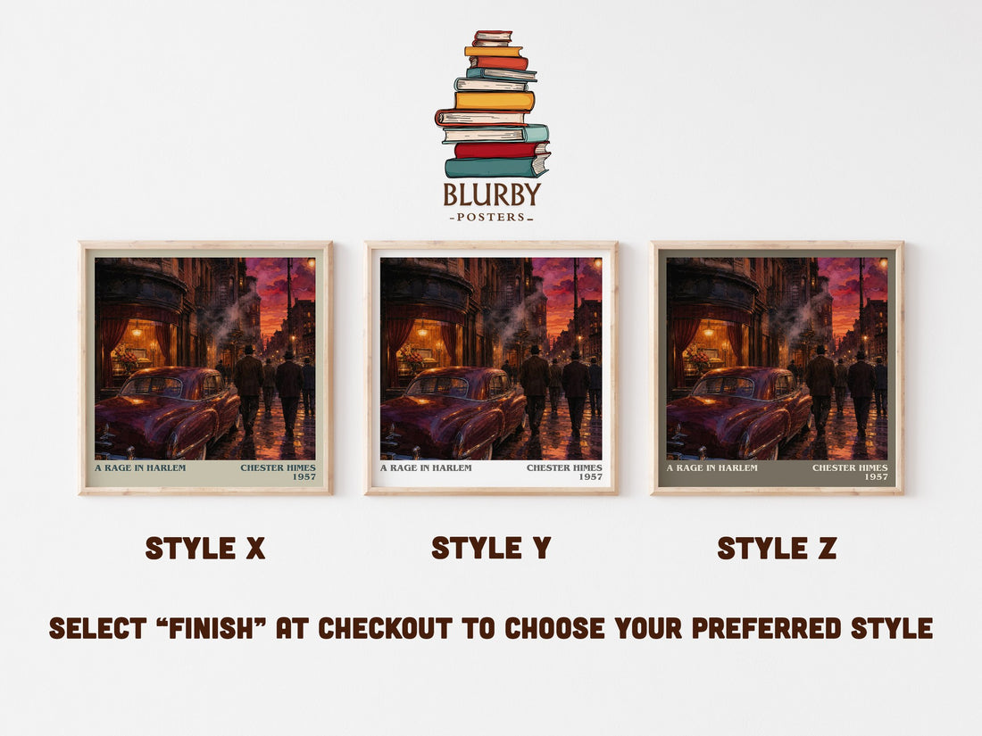 A Rage in Harlem literary print in frame leaning in hallway – crime wall art (mockup)