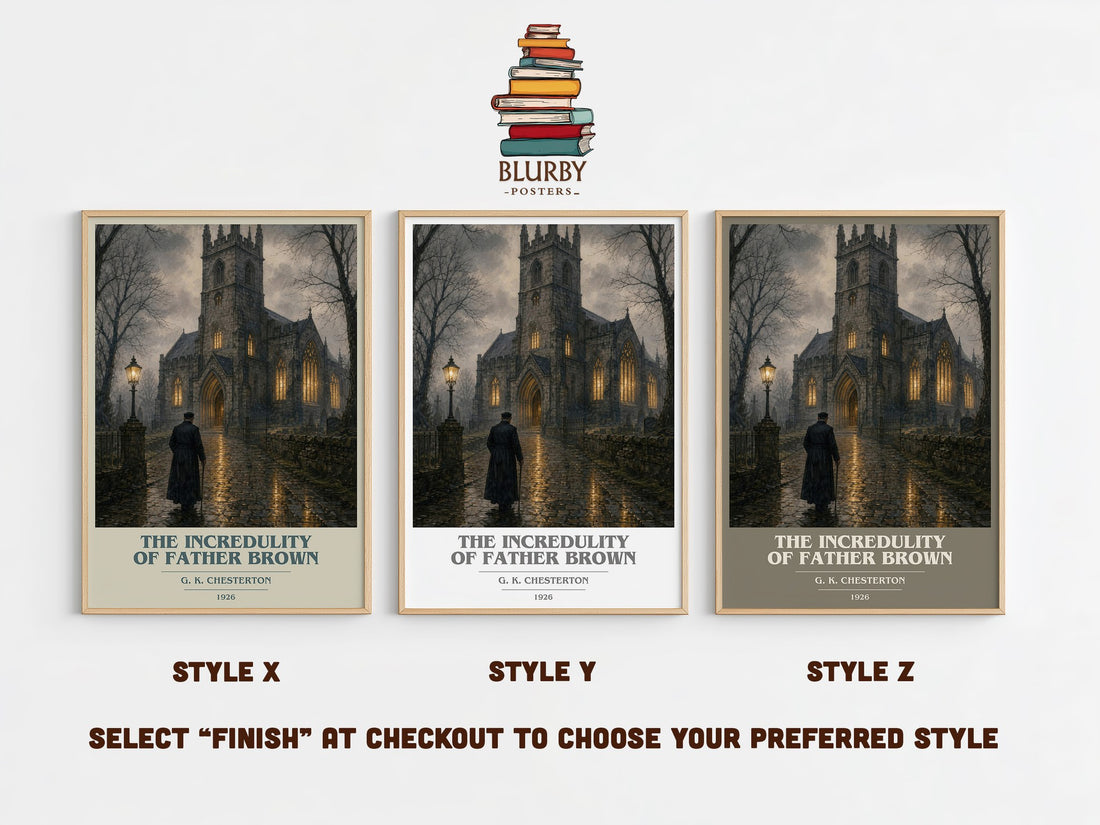 The Incredulity of Father Brown book cover print in frame leaning in hallway – mystery wall art (mockup)