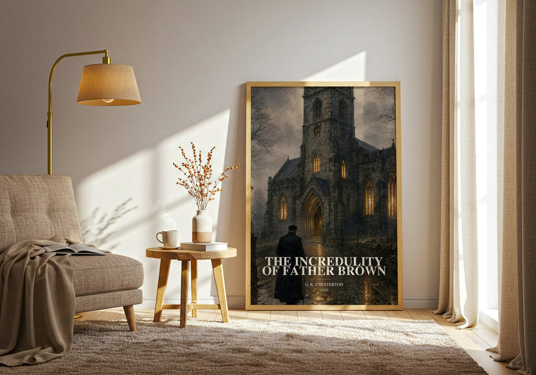 The Incredulity of Father Brown watercolour print in frame leaning in hallway – mystery wall art