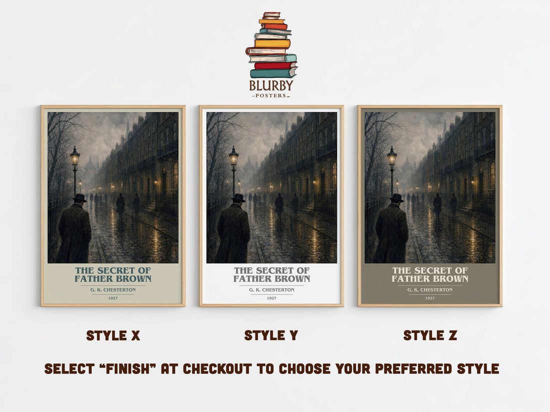The Secret of Father Brown book cover print in frame leaning in hallway – mystery wall art (mockup)