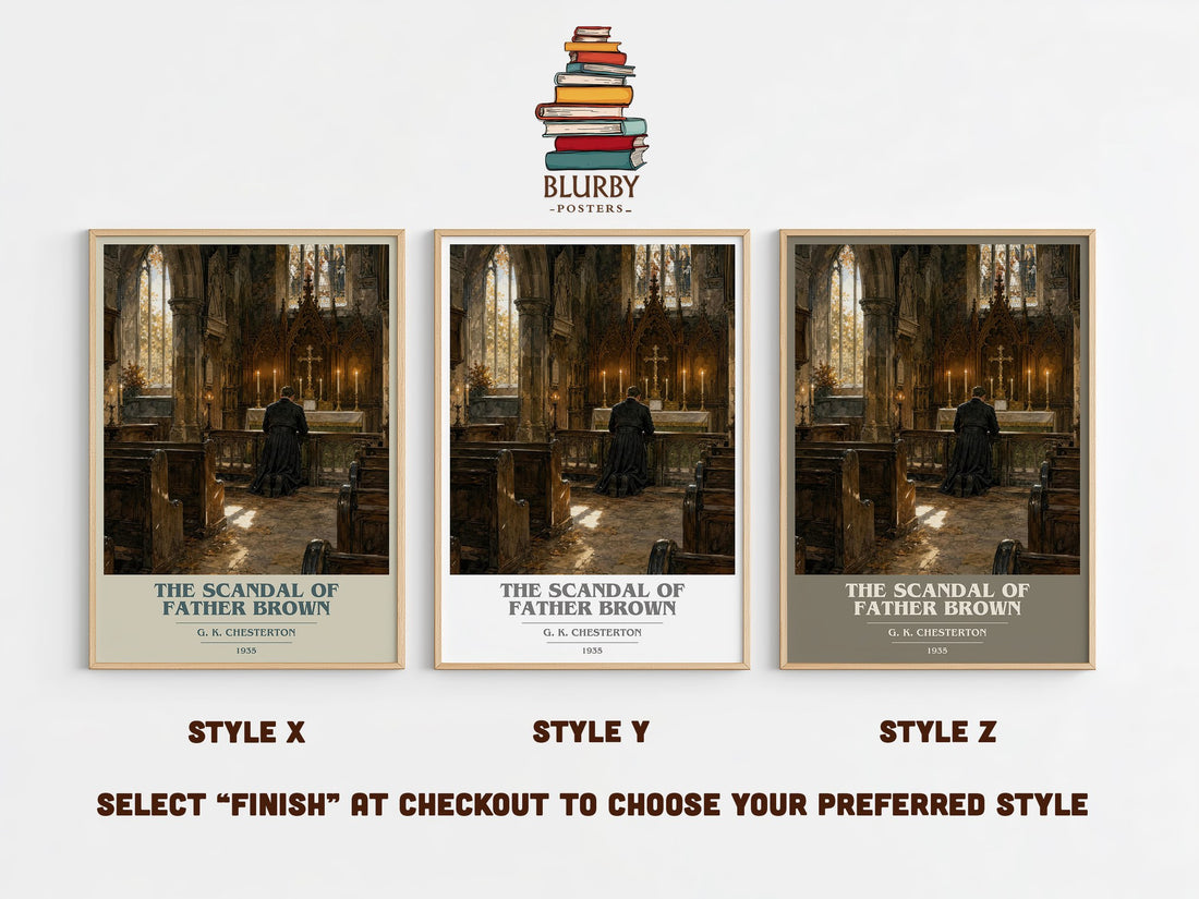 The Scandal of Father Brown book cover print in frame leaning in hallway – mystery wall art (mockup)