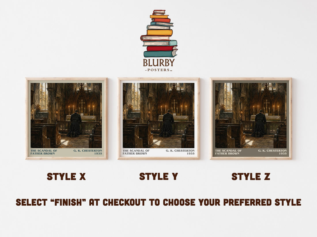 The Scandal of Father Brown literary print in frame leaning in hallway – mystery wall art (mockup)