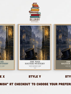 The Mad Hatter Mystery book cover print in frame leaning in hallway – mystery wall art
