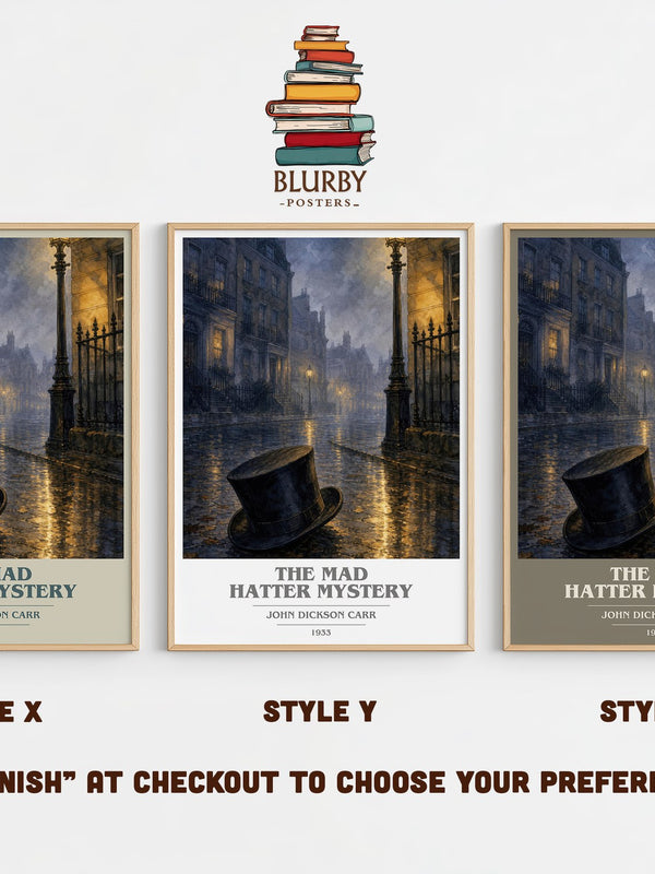 The Mad Hatter Mystery book cover print in frame leaning in hallway – mystery wall art