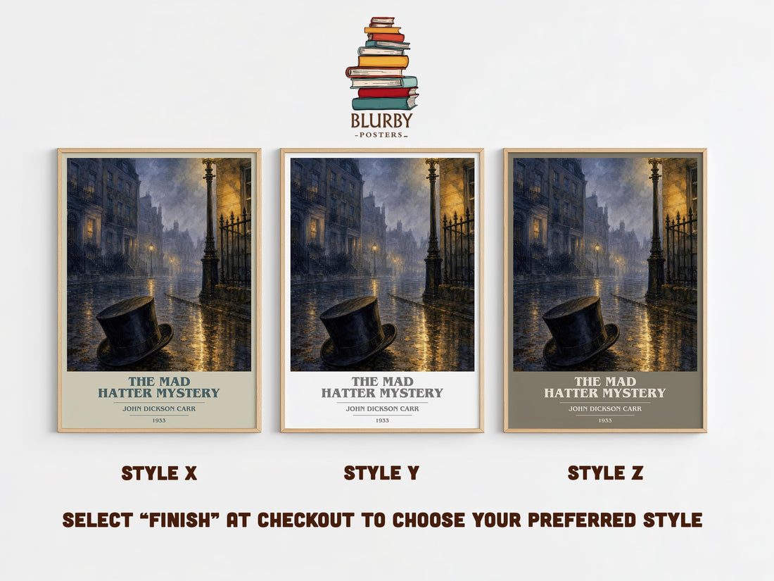 The Mad Hatter Mystery book cover print in frame leaning in hallway – mystery wall art (mockup)
