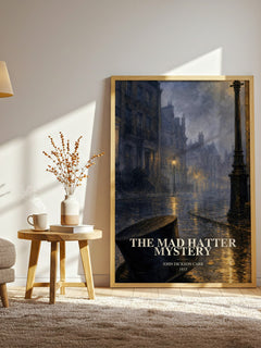The Mad Hatter Mystery watercolour print in frame leaning in hallway – mystery wall art