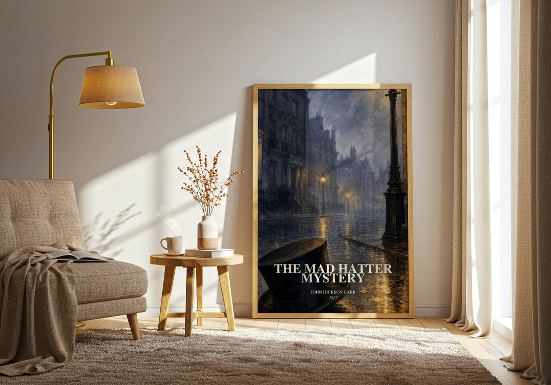 The Mad Hatter Mystery watercolour print in frame leaning in hallway – mystery wall art