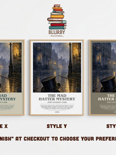 The Mad Hatter Mystery bookish print in frame leaning in hallway – mystery wall art