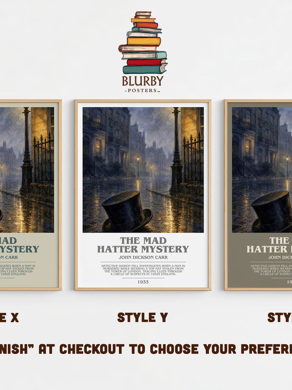 The Mad Hatter Mystery bookish print in frame leaning in hallway – mystery wall art