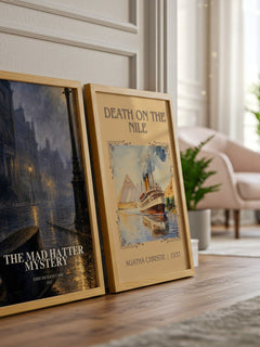 The Mad Hatter Mystery watercolour print framed by window – literary home decor